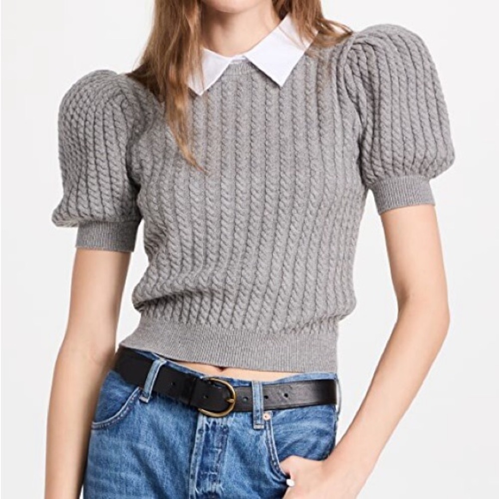 Alice & Olivia Gray Puff Sleeve Cable Knit Sweater XS